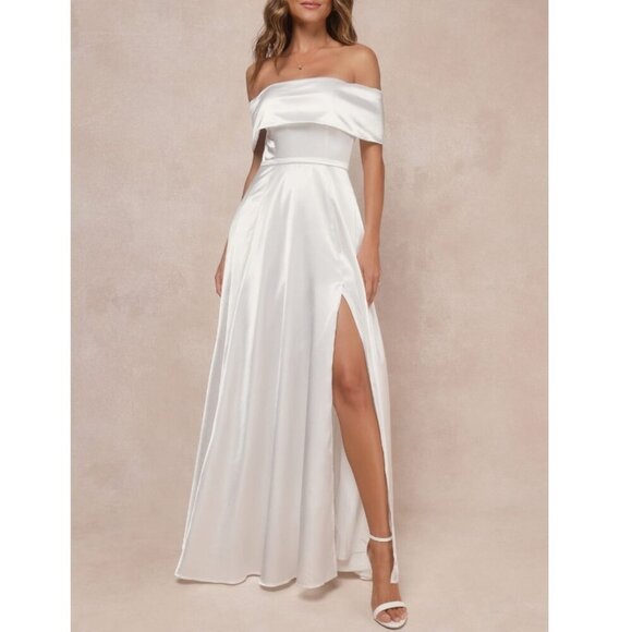 Lulus Greatest Hits White Satin Off-the-Shoulder Maxi Dress Size Medium - Picture 1 of 10